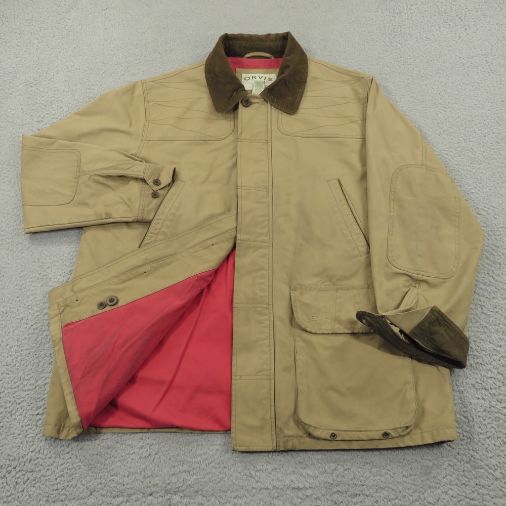 Orvis Men XL Chore Barn Jacket Hunting Shooting Patch Khaki Lined Corduroy Coat